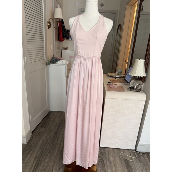 White by Vera Wang Maxi Dress Size 0 Blush Pink Satin Halter Bow Back Bridesmaid - Picture 3 of 12